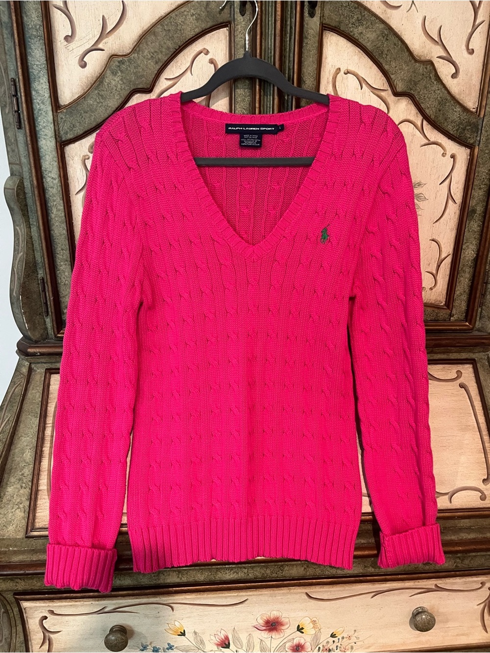 Ralph Lauren Women’s Cable V-Neck Sweater in Bright Pink